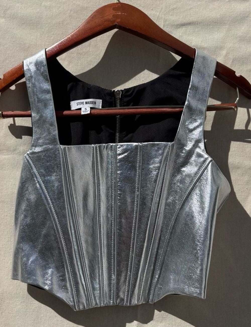 Steve Madden Kimmie Metallic Silver Corset Top, Size S